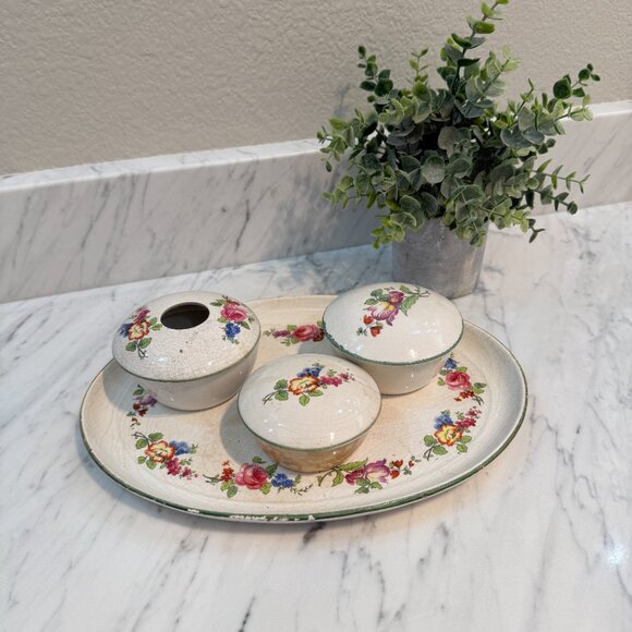 Antique English Earthenware Vanity Tray with Hair Receiver/Vanity bowl Set - Picture 10 of 17